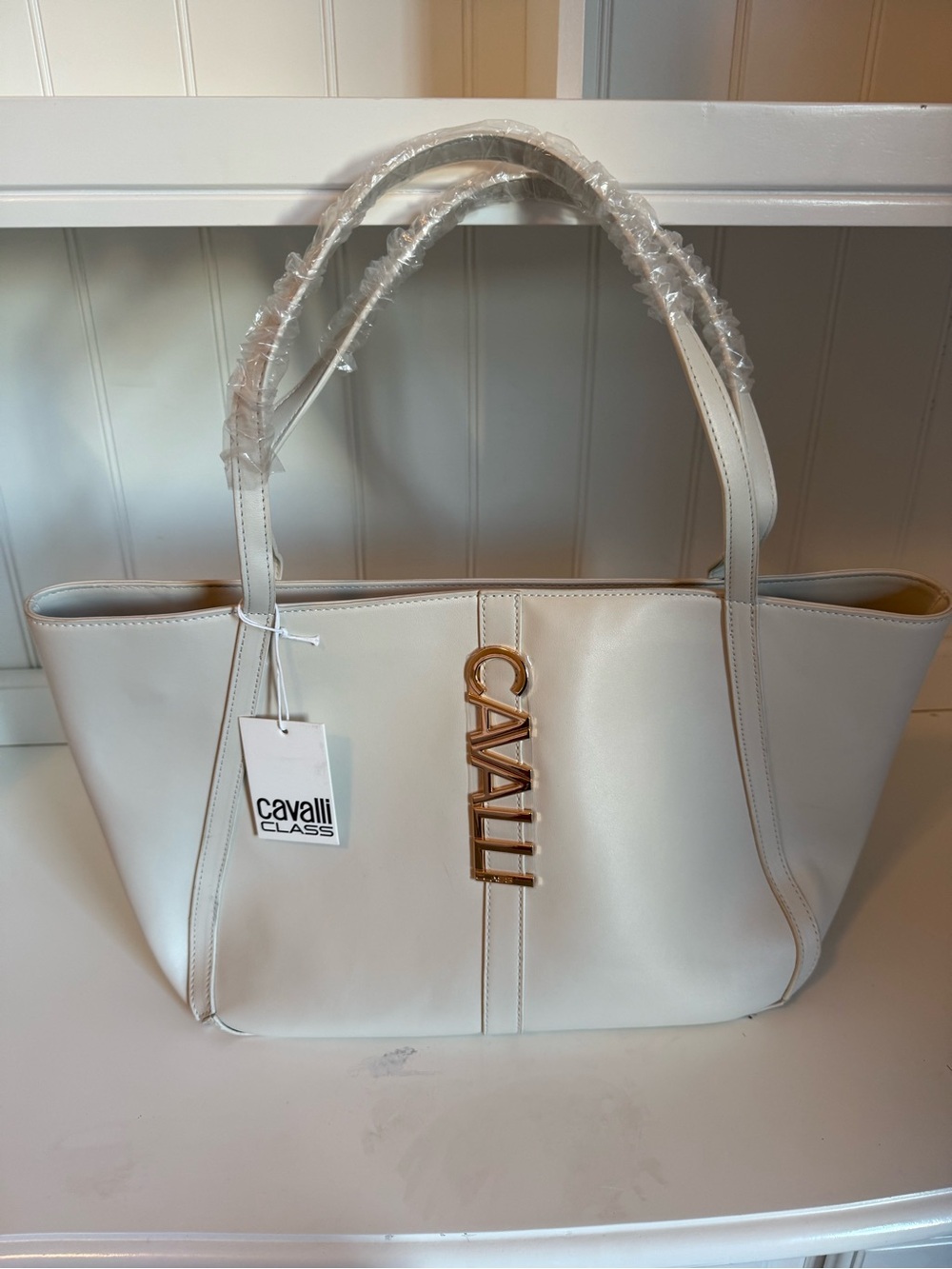 Cavalli Class Cream Leather Tote with Gold Vertical Logo